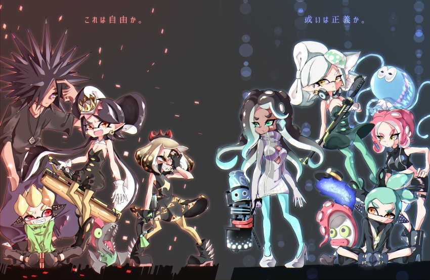 +_+, 3boys, 5girls, absurdres, alternate_headwear, asymmetrical_sleeves, bizen_(splatoon), black_dress