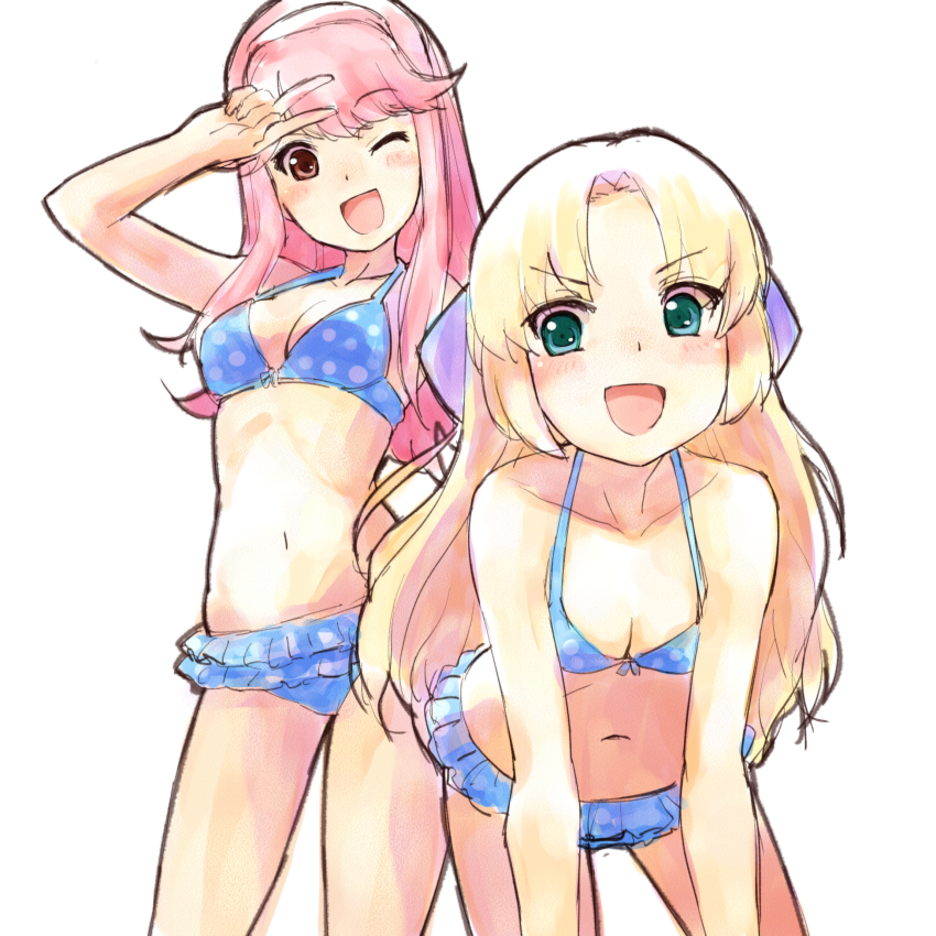 2girls, ;d, arm_up, bare_arms, bare_shoulders, bikini, blonde_hair, blue_bikini