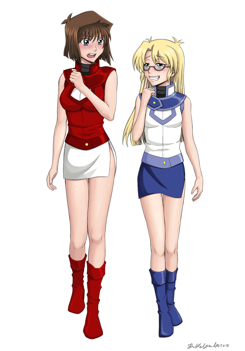 2girls, blonde_hair, blue_eyes, blush, breasts, brown_hair, freckles, glasses