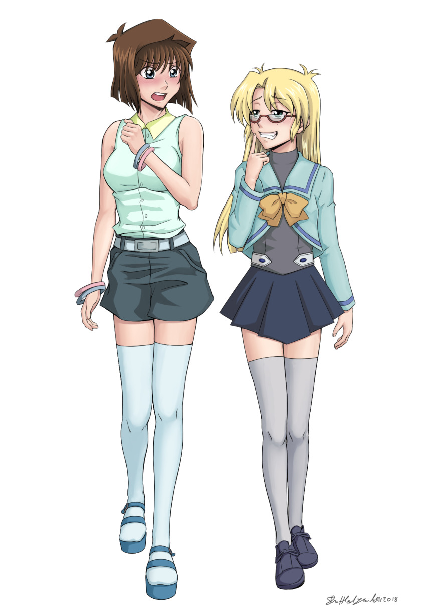 2girls, blonde_hair, blue_eyes, blush, breasts, brown_hair, freckles, glasses, green_eyes, grin, highres, large_breasts, mazaki_anzu, multiple_girls, navel, rebecca_hopkins, shuffledyandere, small_breasts, smile, thighhighs, white_legwear, yu-gi-oh!