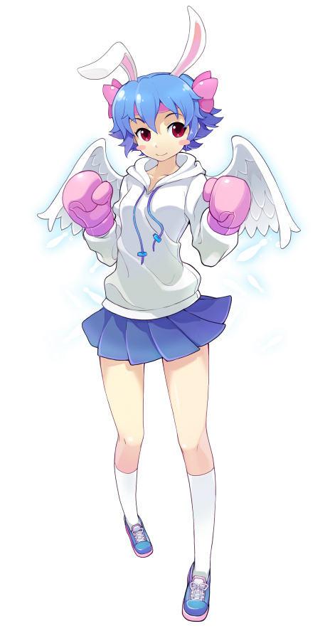 10s, 1girl, animal_ears, armcho, blue_hair, boxing_gloves, bunny_(trickster), female_focus, full_body, hair_ornament, headband, hood, hoodie, kneehighs, lina_(trickster), miniskirt, pleated_skirt, rabbit_ears, red_eyes, shoes, short_hair, simple_background, skirt, smile, socks, solo, standing, sweater, trickster_(ntreev_soft), wings
