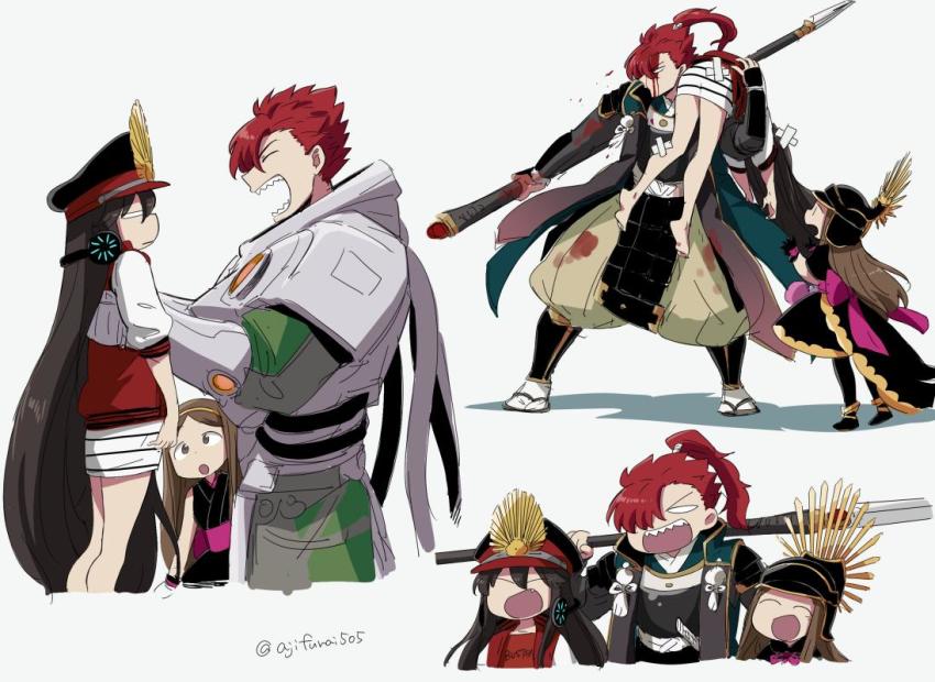 1boy, 2girls, :d, :o, ^_^, armor, asaya_minoru, bare_shoulders