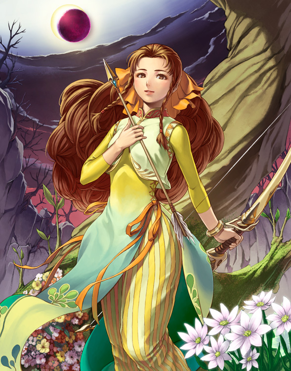 1girl, bow, braid, breasts, brown_hair, commentary_request, dress, emperors_saga