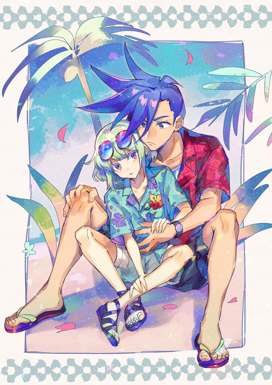 bad_id, bad_twitter_id, beach, blue_hair, eyewear_on_head, flip-flops, flower, galo_thymos
