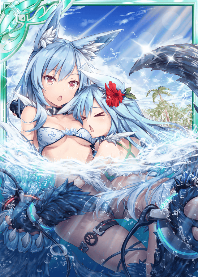 2girls, :o, akkijin, animal_ears, back, beach, bikini, blue_bikini