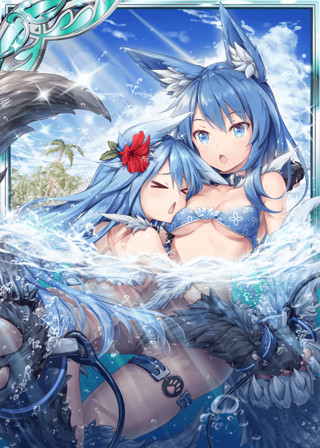 2girls, :o, akkijin, animal_ears, back, beach, bikini, blue_bikini