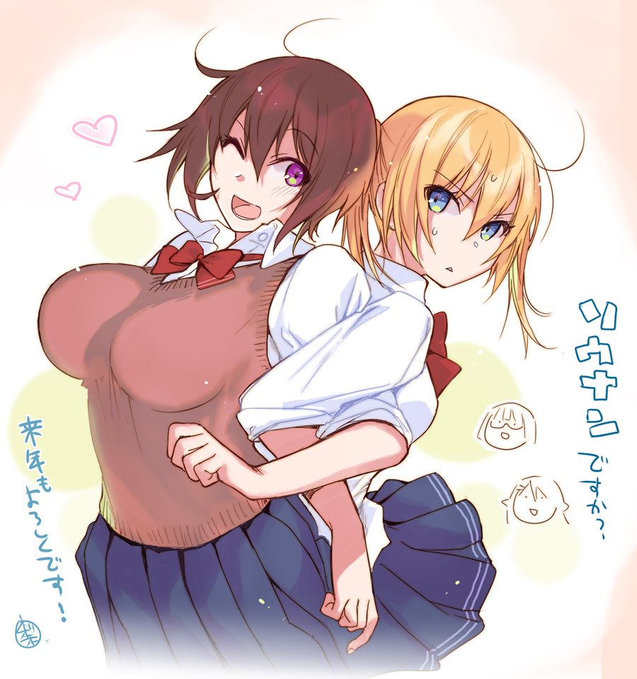 2girls, back-to-back, blonde_hair, blue_eyes, blue_skirt, bow, bowtie, breasts