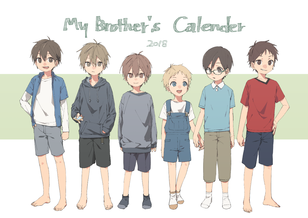 50off, 6+boys, age_difference, ankle_socks, antenna_hair, arms_at_sides, barefoot, blonde_hair