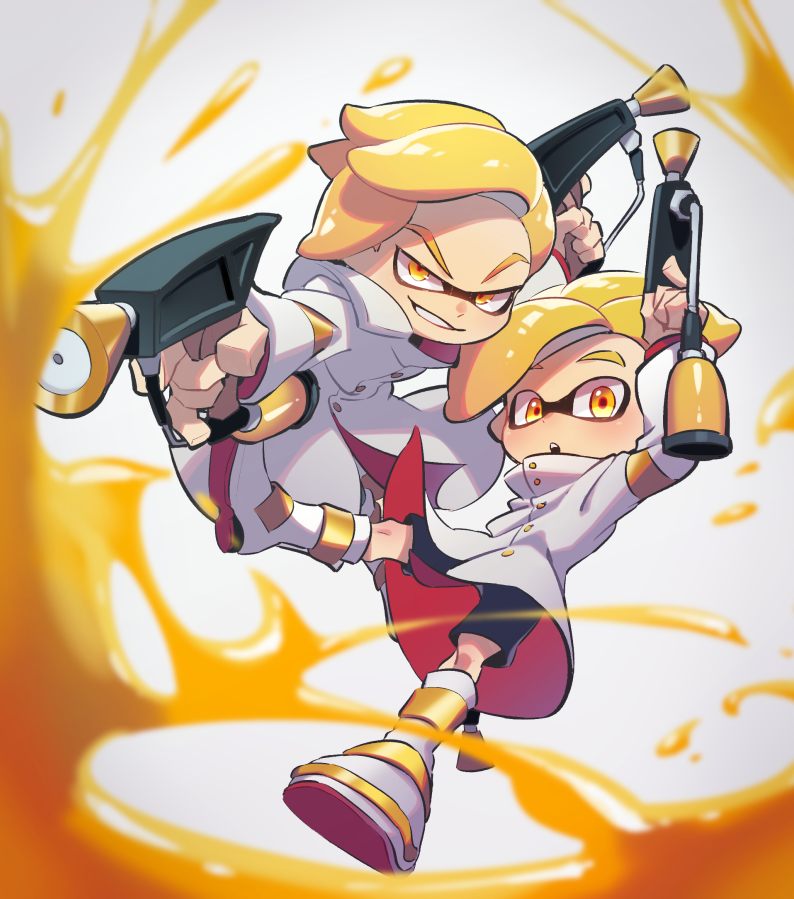 2boys, black_shorts, blurry, blurry_foreground, boots, coat, commentary, dapple_dualies_(splatoon)