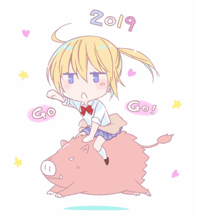 1girl, 2019, ahoge, blonde_hair, blue_eyes, blue_skirt, boar, bow