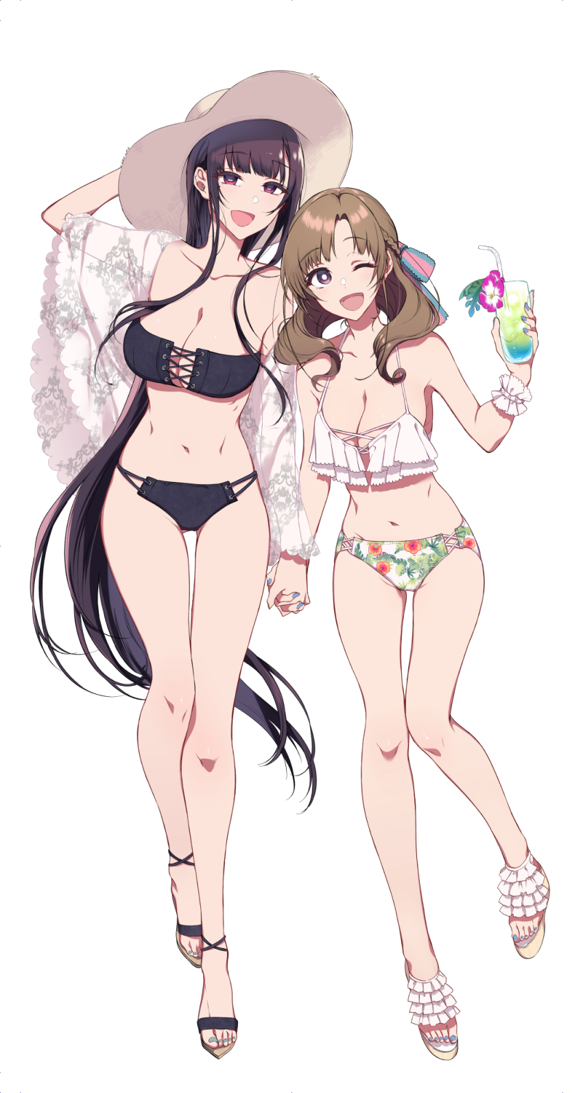 2girls, :d, ;d, ane_naru_mono, bare_shoulders, bikini, black_bikini, black_hair