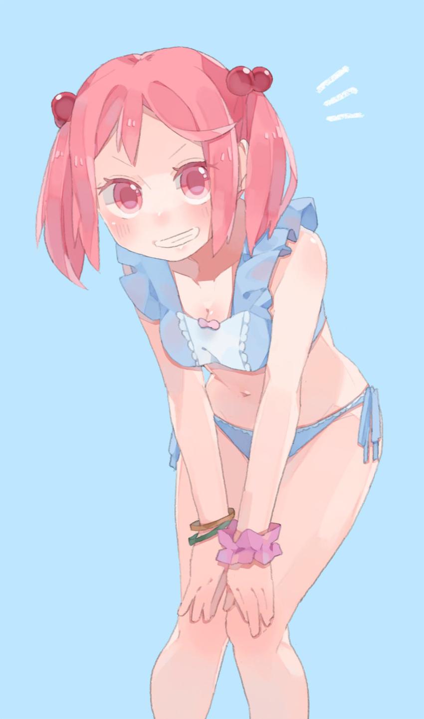 1girl, ^^^, bikini, blue_background, blue_bikini, bracelet, breasts, child