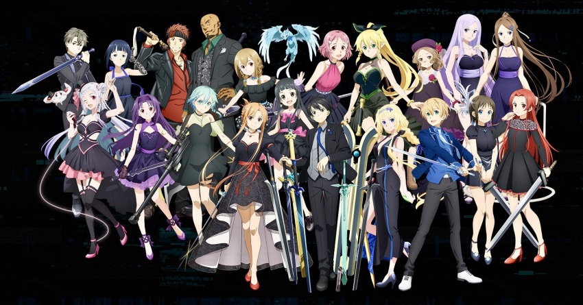 alice_zuberg, asuna_(sao), braid, braided_bangs, cardinal_(sao), dragon, egil_(xenoblade), eiji_(sao), eugeo, formal_clothes, in-franchise_crossover, kirigaya_suguha, kirito, klein_(sao), leafa_(sao), lisbeth_(sao), multiple_swords, multiple_tails, nail_polish, pina_(sao), quinella, ronja_edvall, sachi_(sao), scope, silica, sinon, small_dragon, sortiliena_serlut, suit, sword, sword_art_online, sword_art_online:_alicization, sword_art_online_the_movie:_ordinal_scale, tail, tiese_schtrinen, two_tails, yui_(sao), yuna_(sao), yuuki_(sao)