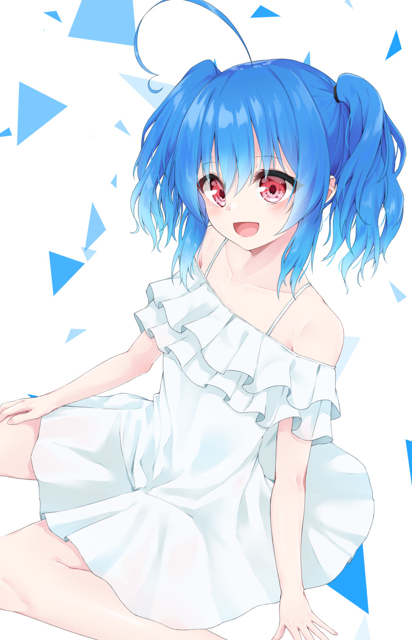1girl, :d, absurdres, ahoge, arm_support, bare_shoulders, blue_hair, blush, collarbone, commentary_request, copyright_request, dress, female_focus, fingernails, from_side, hair_between_eyes, highres, hijouguti, looking_at_viewer, looking_to_the_side, mair_(alive_musix), off-shoulder_dress, off_shoulder, open_mouth, red_eyes, sidelocks, sitting, smile, solo, twintails, virtual_youtuber, white_background, white_dress