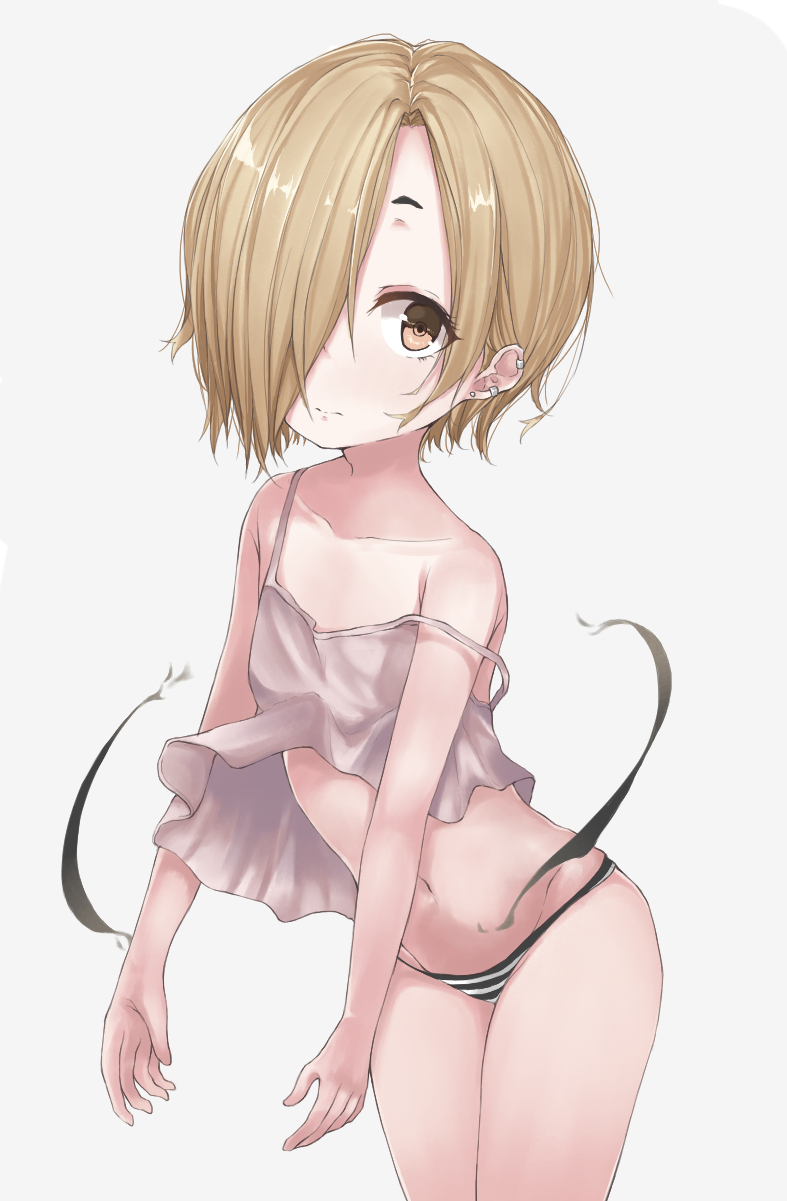 1girl, arms_at_sides, bare_arms, bare_legs, blonde_hair, brown_eyes, closed_mouth, collarbone