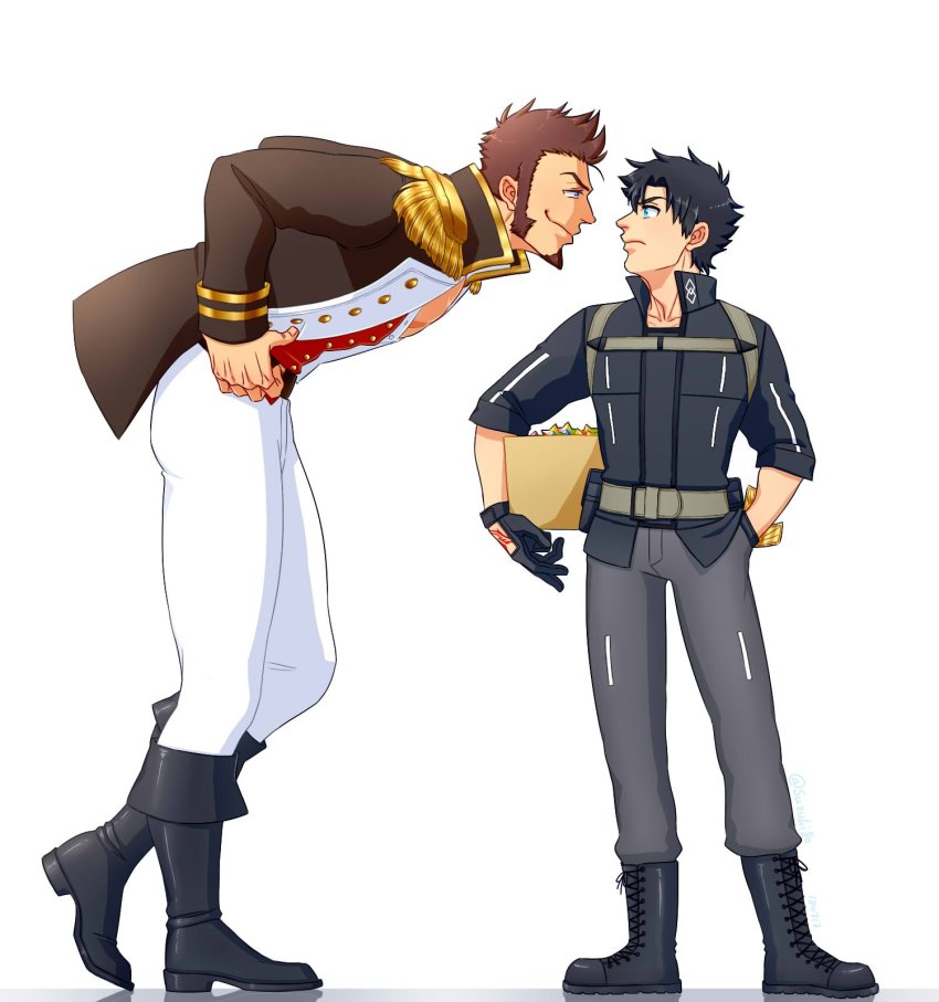 beard, black_hair, blue_eyes, boots, brown_hair, command_spell, epaulettes, facial_hair