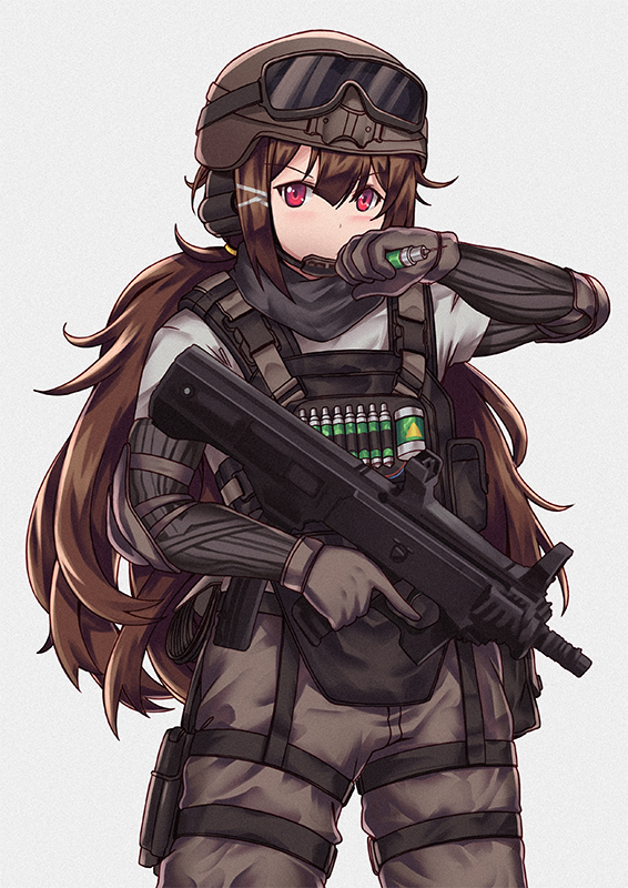 1girl, brown_hair, bullpup, commentary, cowboy_shot, female_focus, girls'_frontline, gloves