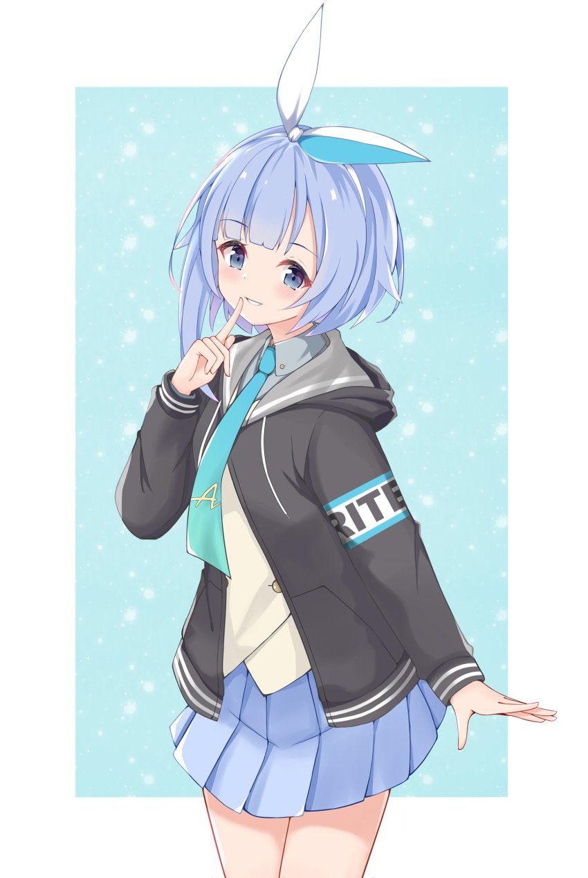 1girl, absurdres, armband, blue_eyes, blue_hair, blush, female_focus, finger_to_mouth