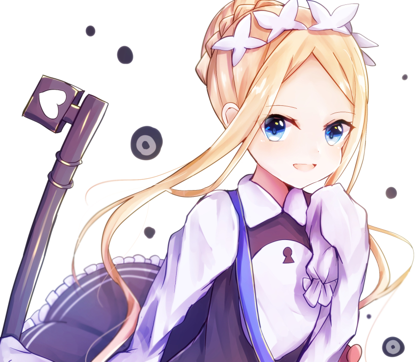 1girl, :d, abigail_williams_(fate), abigail_williams_(festival_outfit)_(fate), black_dress, blonde_hair, blue_eyes, braid