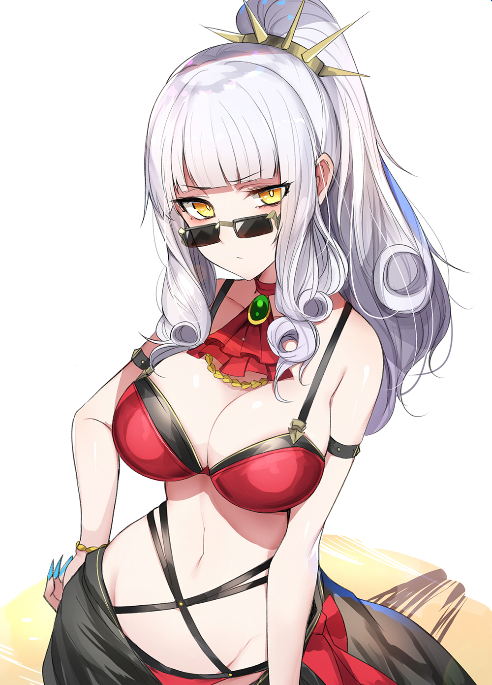 1girl, alternate_costume, armlet, ascot, bare_shoulders, bikini, blunt_bangs, breasts