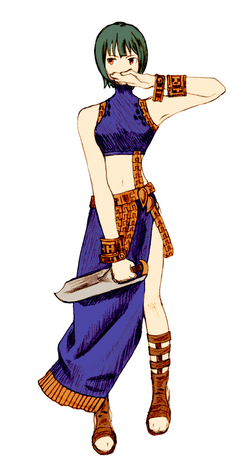 1girl, assassin_(fft), blade, bracelet, celia, celia_(cosplay), cosplay, dagger, dancer_(fft), female_focus, final_fantasy, final_fantasy_tactics, green_hair, idolmaster, idolmaster_(classic), idolmaster_1, jewelry, knife, midriff, navel, otonashi_kotori, parody, sandals, short_hair, simple_background, solo, style_parody, weapon, zearthp