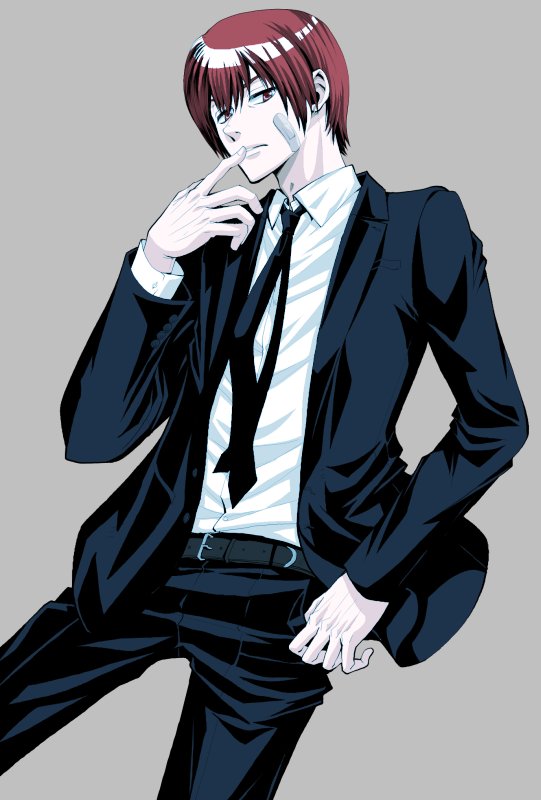 1boy, arsmagna, bad_id, bad_twitter_id, bandaid, bandaid_on_face, belt, cowboy_shot