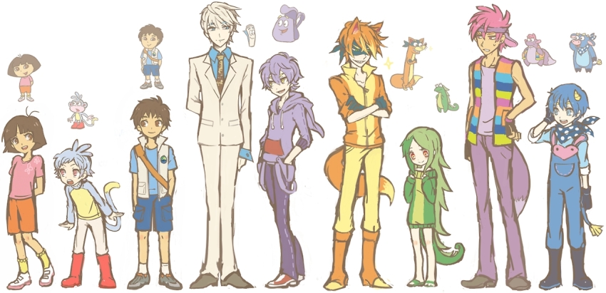 2girls, 6+boys, animal, animal_ears, artist_request, backpack, backpack_(dora_the_explorer), bag