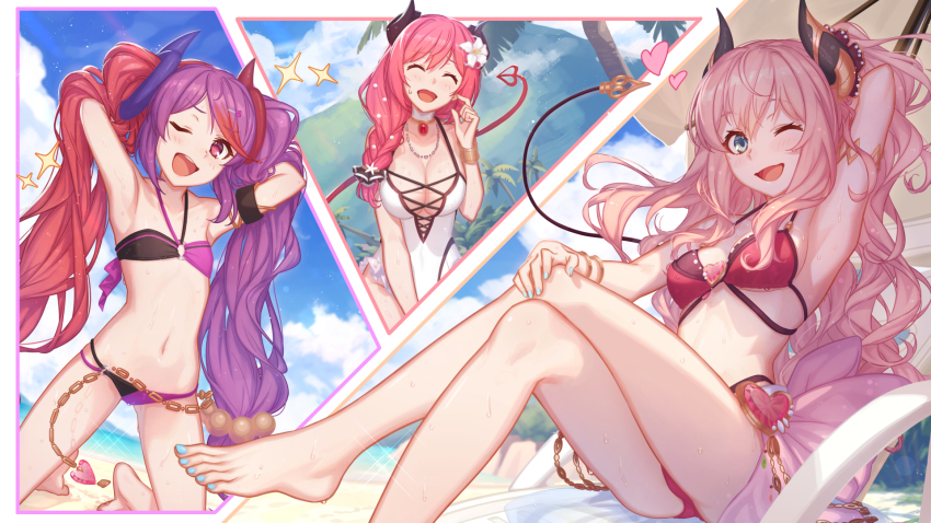 3girls, ;d, ^_^, arm_behind_head, armlet, armpits, arms_up, bare_arms