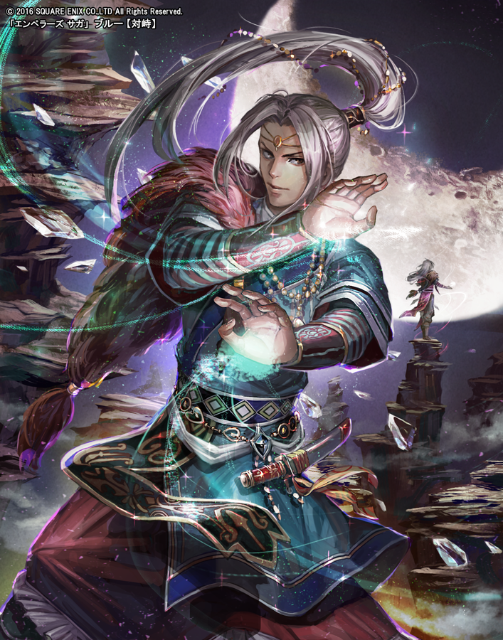 2boys, blonde_hair, blue_(saga_frontier), closed_mouth, commentary_request, emperors_saga, hair_ornament, jewelry