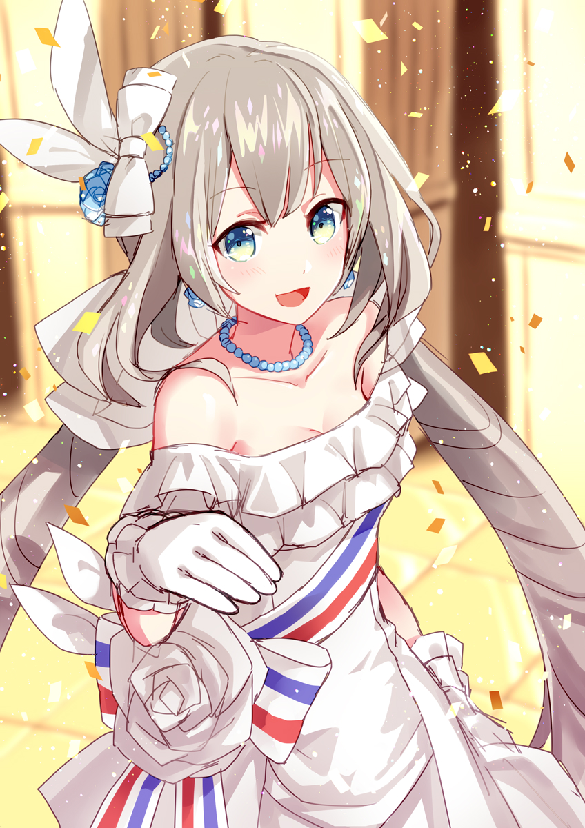 1girl, blue_eyes, blush, bow, breasts, coconat_summer, commentary_request, dress