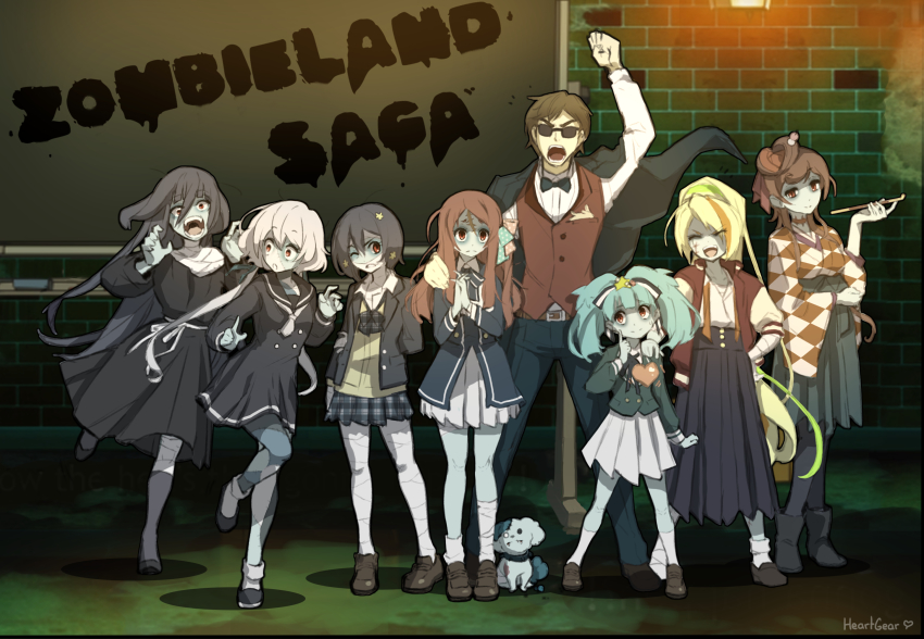 10s, 1boy, 6+girls, bandages, black_dress, black_hair, blonde_hair, blue_skin