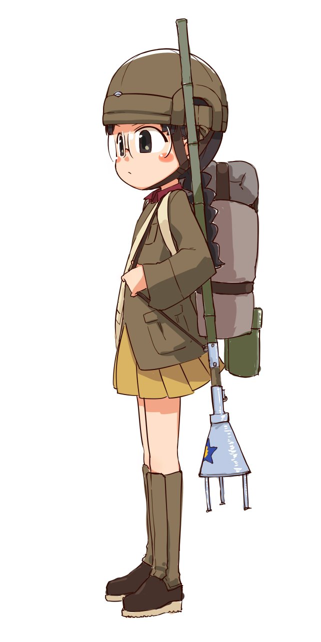 1girl, backpack, bad_id, bad_pixiv_id, bag, black_hair, blush_stickers, boots