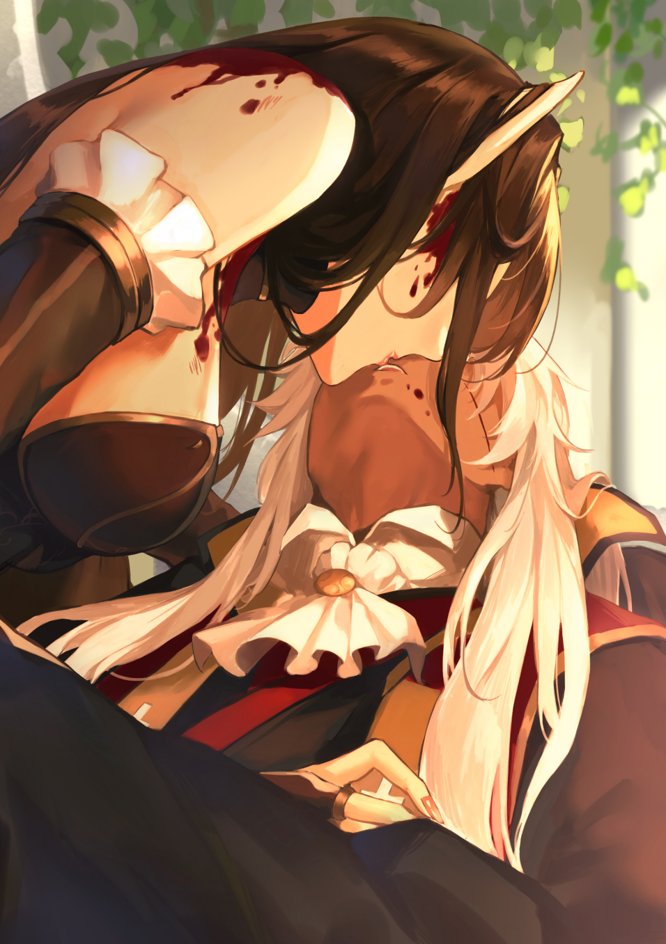 1boy, 1girl, amakusa_shirou_(fate), amakusa_shirou_(third_ascension)_(fate), bad_id, bad_pixiv_id, black_dress, black_hair, blood, blood_on_face, bridal_gauntlets, dark-skinned_male, dark_skin, detached_sleeves, dress, fate/grand_order, fate_(series), hetero, highres, kiss, lips, pointy_ears, reroi, semiramis_(fate), white_hair