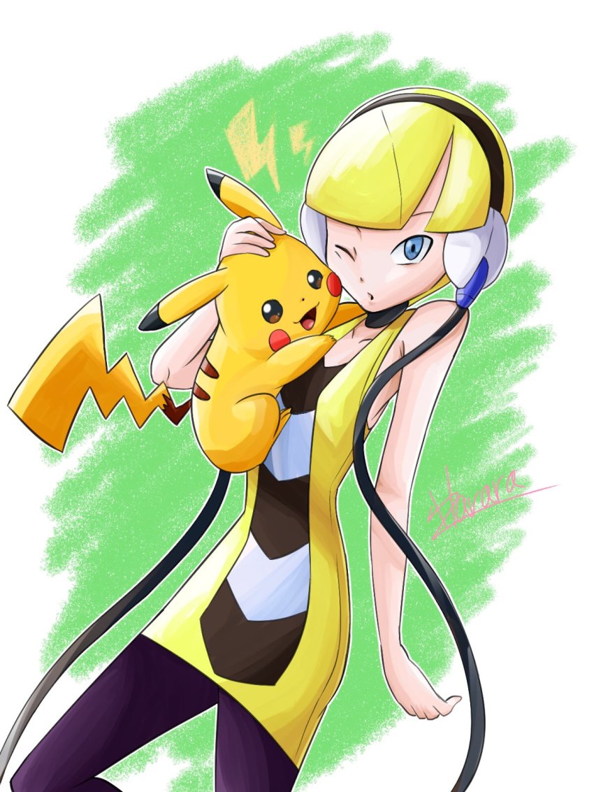 2019, blonde_hair, blue_eyes, blunt_bangs, brown_eyes, elesa_(pokemon), eyebrows_hidden_by_hair, gen_1_pokemon