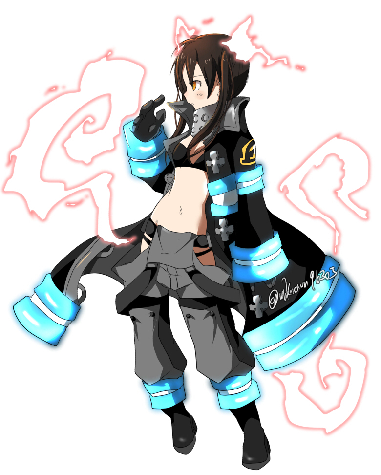 1girl, abfbfygo, bikini, bikini_under_clothes, black_bikini, black_hair, breasts, cleavage, coat, en'en_no_shouboutai, female_focus, fire, gloves, long_hair, navel, open_clothes, pants, solo, standing, swimsuit, tamaki_kotatsu, twintails, yellow_eyes