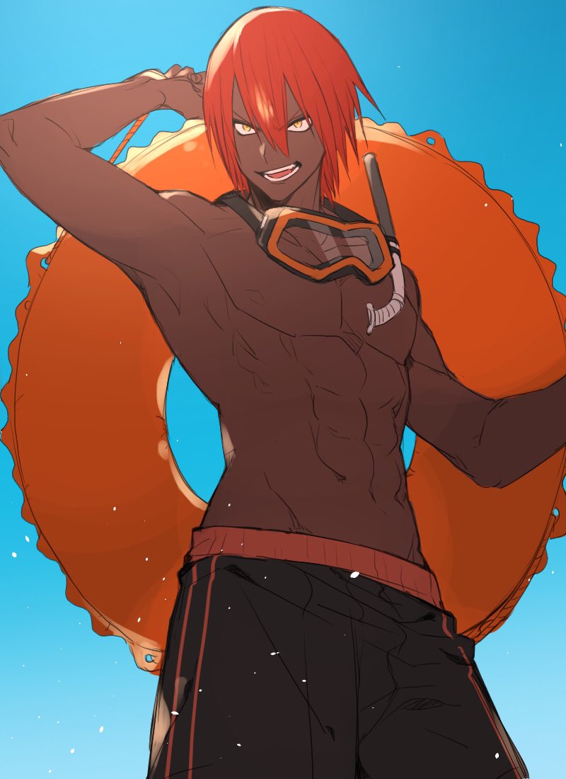 1boy, abs, ashwatthama_(fate), backlighting, bad_id, bad_twitter_id, black_male_swimwear, black_one-piece_swimsuit