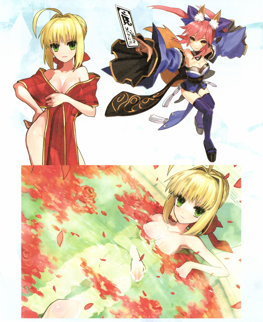 1girl, ahoge, animal_ear_fluff, animal_ears, bare_shoulders, bath, blonde_hair, blue_thighhighs