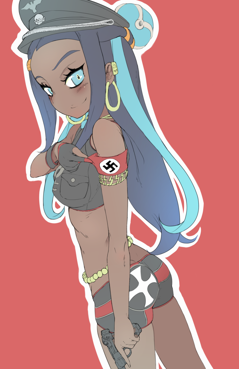 1girl, armband, ass, black_hair, blue_eyes, dark-skinned_female, dark_skin, earrings, female_focus, gloves, gun, gym_leader, highres, hoop_earrings, itsukarine, jewelry, multicolored_hair, nazi, nessa_(pokemon), nintendo, pokemon, pokemon_sword_and_shield, simple_background, solo, swastika, trigger_discipline, weapon, wristband