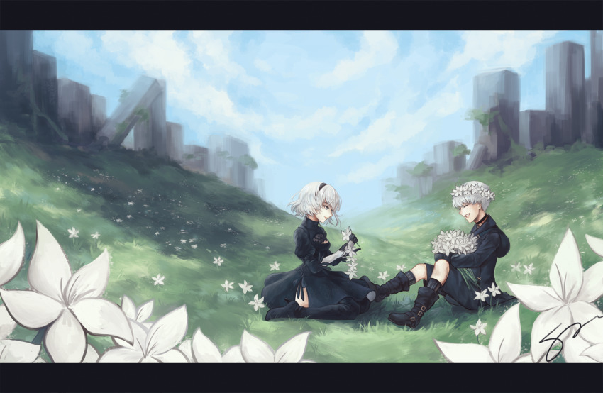 1boy, 1girl, black_choker, black_dress, black_gloves, black_hairband, black_shorts, boots, choker, cleavage_cutout, clothing_cutout, commentary, day, dress, english_commentary, feather-trimmed_sleeves, field, flower, flower_field, flower_wreath, full_body, gloves, good_end, hair_flower, hair_ornament, hairband, high_heel_boots, high_heels, highres, holding, holding_flower, hood, hood_down, juliet_sleeves, laughing, letterboxed, long_sleeves, nature, nier:automata, nier_(series), no_blindfold, outdoors, puffy_sleeves, seiirea, short_hair, shorts, side_slit, sitting, smile, thigh_boots, thighhighs, wariza, white_hair, 2b_(nier:automata), 9s_(nier:automata)