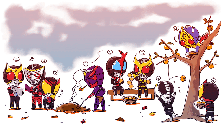 6+boys, belt, chibi, everyone, food, fruit, kamen_rider, kamen_rider_555