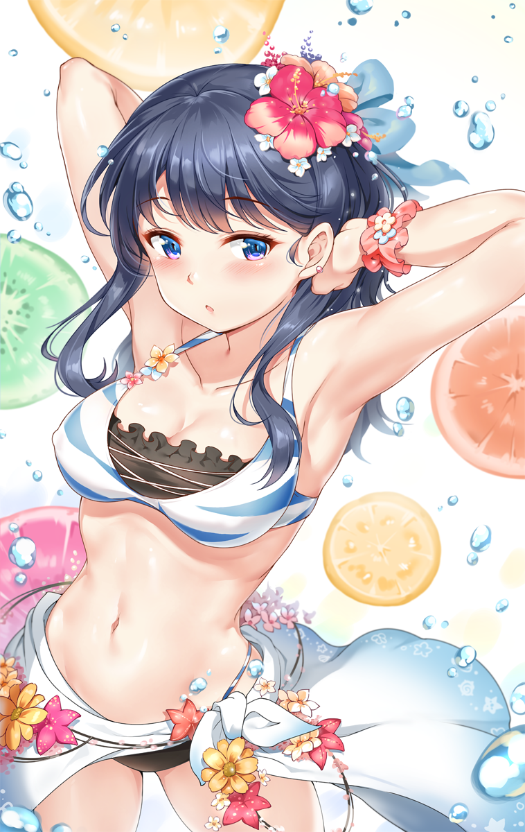 1girl, armpits, arms_behind_head, arms_up, bare_shoulders, bikini, black_bikini, black_hair