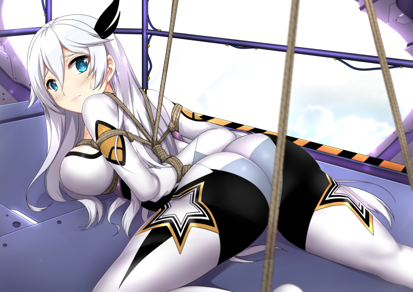 1girl, ass, bdsm, blue_eyes, blush, bodysuit, bondage, bound, breasts, cecilia_schariac, commentary, cosplay, english_commentary, female_focus, hair_between_eyes, hair_ornament, honkai_(series), honkai_impact_3rd, kiana_kaslana, kiana_kaslana_(cosplay), kiana_kaslana_(white_comet), large_breasts, long_hair, looking_at_viewer, sheita, sideboob, silver_hair, solo, sweatdrop