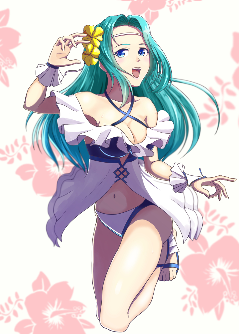 1girl, alternate_costume, aqua_hair, bare_legs, bare_shoulders, blue_eyes, blue_sandals, breasts
