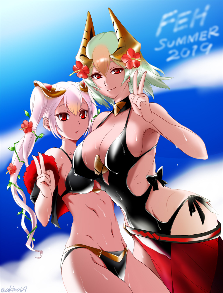 2girls, akino_(gokosei), armpit_peek, bikini, black_bikini, black_one-piece_swimsuit, breasts, cleavage
