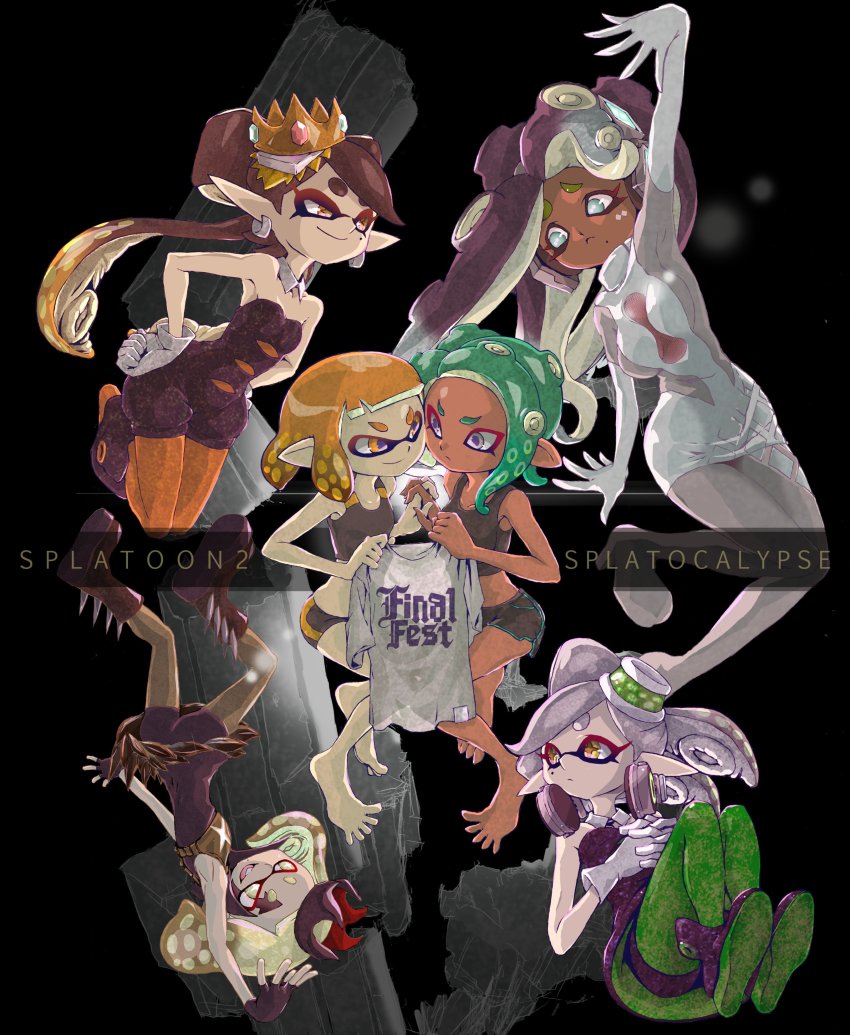 6+girls, absurdres, bare_shoulders, barefoot, bike_shorts, black_background, breasts, callie_(splatoon)