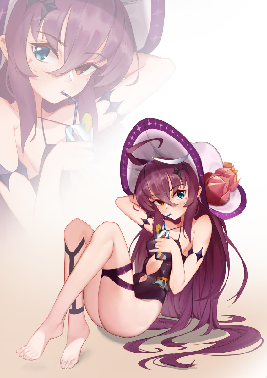 1girl, ahoge, armlet, artist_request, bad_id, bare_legs, barefoot, blue_eyes