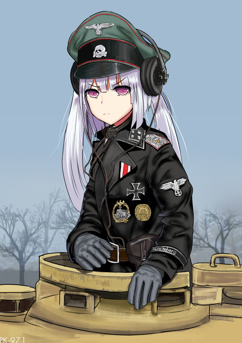 1girl, absurdres, bare_tree, bird, commentary_request, cross, eagle, female_focus, german_commentary, german_text, girls'_frontline, gloves, hat, highres, iron_cross, jacket, medal, mg42_(girls'_frontline), military, military_jacket, military_uniform, military_vehicle, motor_vehicle, panther_(tank), peaked_cap, pk-971, purple_eyes, reichsadler, silver_hair, skull_and_crossbones, solo, tank, tree, wehrmacht, world_war_ii