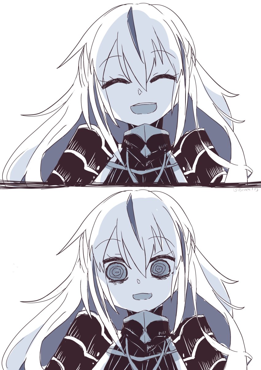 1girl, 2koma, :d, absurdres, armor, closed_eyes, comic, commentary