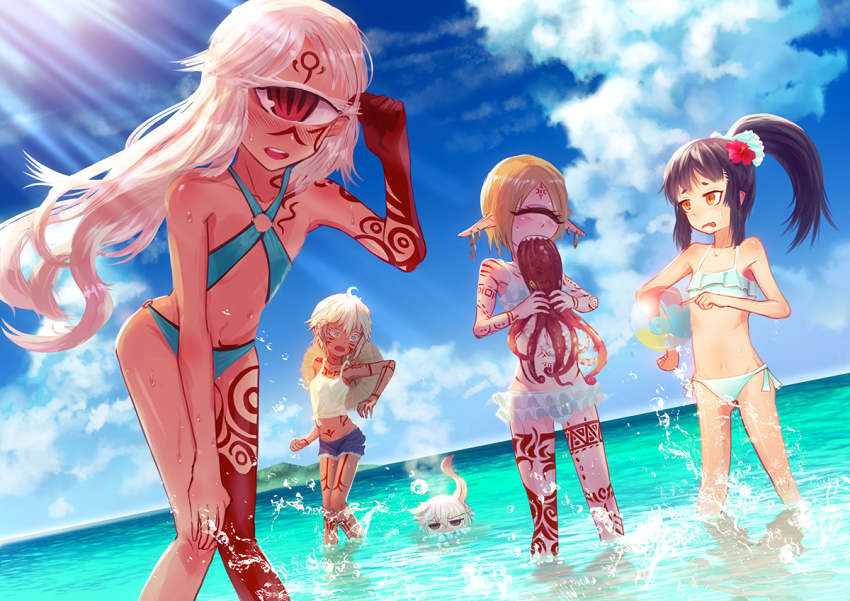 5girls, :o, akari_(raigou), bad_id, bad_pixiv_id, ball, bare_shoulders, beachball