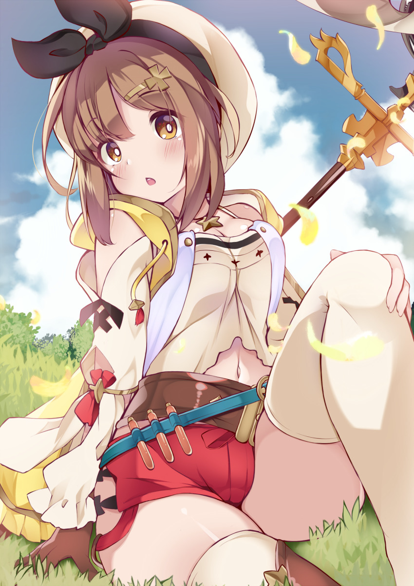 1girl, atelier_(series), atelier_ryza, atelier_ryza_1, belt, blue_sky, breasts, brown_eyes